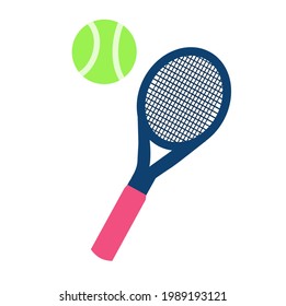 Tennis racket and green ball.Tournament template.Sign, symbol, icon or logo isolated.Banner design.Relaxing and playing.Sport concept.Vector illustration.Flat design.