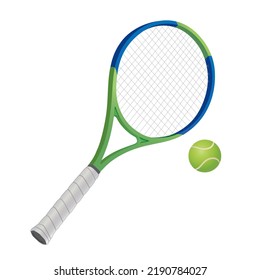 tennis racket green and blue color and ball, vector illustration isolated on white background. tennis, racket, tennis ball, sports and games, individual sports