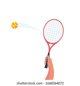 Tennis racket in the hand. Yellow ball in flight. Sports lifestyle. Vector illustration flat design. Template for sports background. Landing page.  