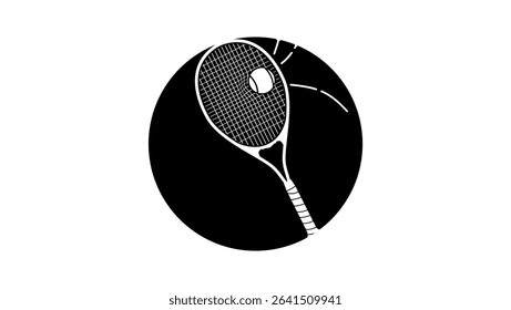Tennis Racket Hitting Ball, black isolated silhouette