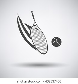 Tennis racket hitting a ball icon on gray background with round shadow. Vector illustration.