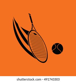Tennis racket hitting a ball icon. Orange background with black. Vector illustration.