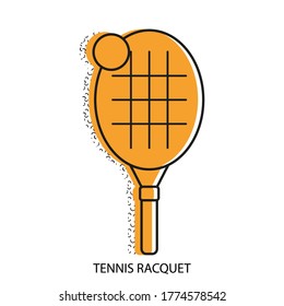 Tennis racket icon with ball and net in Memphis style with curved arc pattern. Sports equipment for shops. Modern trendy stylized vintage editable vector illustration. Isolated on white background.