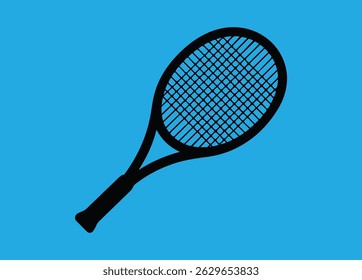 Tennis Racket Icon – Black Tennis Racquet on Blue Background in Flat Minimal Design for Sports and Fitness Concepts