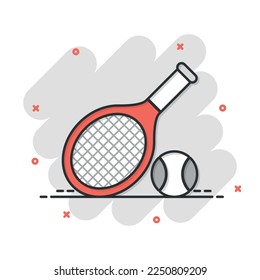 Tennis racket icon in comic style. Gaming racquet cartoon vector illustration on isolated background. Sport activity splash effect sign business concept.