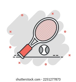 Tennis racket icon in comic style. Gaming racquet cartoon vector illustration on isolated background. Sport activity splash effect sign business concept.