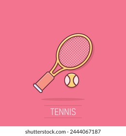 Tennis racket icon in comic style. Gaming racquet cartoon vector illustration on isolated background. Sport activity splash effect sign business concept.