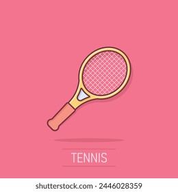 Tennis racket icon in comic style. Gaming racquet cartoon vector illustration on isolated background. Sport activity splash effect sign business concept.