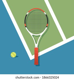 Tennis Racket Icon, Tennis Raquet, Tennis Court Background, Outdoor Sports, Vector Illustration Background