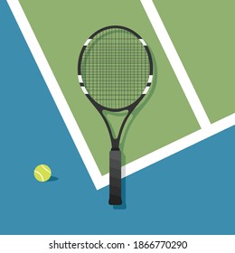 Tennis Racket Icon, Tennis Raquet, Tennis Court Background, Outdoor Sports, Vector Illustration Background