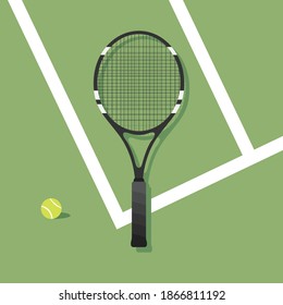 Tennis Racket Icon, Tennis Raquet, Tennis Court Background, Outdoor Sports, Vector Illustration Background