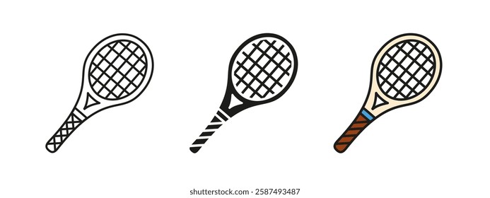 Tennis racket icon. Sports equipment vector illustration. Classic wooden or modern graphite racket symbol. Professional championship or recreational game sign. Athletic competition exercise pictogram.