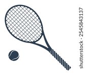 Tennis racket icon vector. Racket with ball on court. Tennis accessory. Silhouette racquet for sport. Vector illustration.