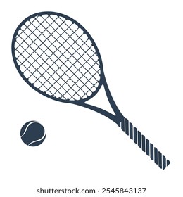 Tennis racket icon vector. Racket with ball on court. Tennis accessory. Silhouette racquet for sport. Vector illustration.