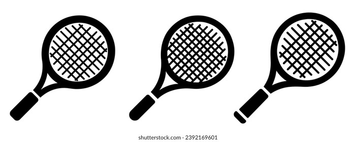 Tennis racket icons set. Black silhouette of a tennis racket in flat design. Vector illustration