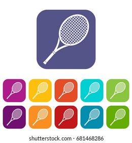 Tennis racket icons set vector illustration in flat style in colors red, blue, green, and other