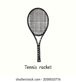 Tennis racket. Ink black and white doodle drawing in woodcut style.