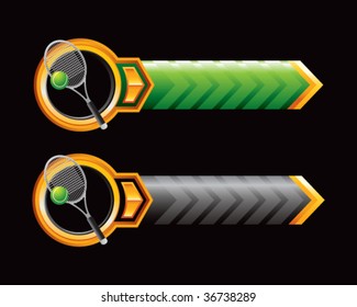 tennis racket on green banner and black banner