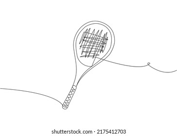 Raqueta de tenis de una línea de arte. Dibujo continuo de línea de tenis, cuerdas, deporte, fitness, deportes, actividad, club, juego, entrenamiento, ocio, equipo, profesional, campeonato, juego.