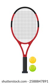 Tennis racket with a red and black frame and two tennis balls, one yellow and one green, on a white background. Sports equipment concept. Vector illustration