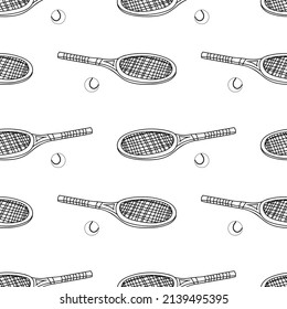 Tennis racket seamless pattern doodle outline vector. Texture for background, booklet, label, print, greeting card, packaging, merchandise, book, poster, fabric, wrapping, storefront, textile.