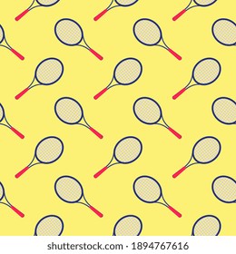 Tennisschläger, nahtloses Muster auf gelbem Hintergrund.
