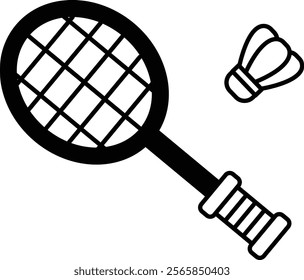 A tennis racket and a shuttlecock are shown in a black and white drawing. The racket is the main focus of the image, with the shuttlecock placed next to it. Scene is one of sports and leisure