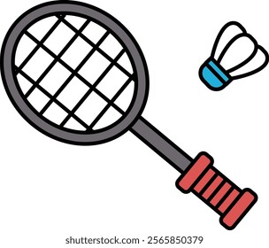 A tennis racket and a shuttlecock are shown in a cartoon style. The racket is black and red, and the shuttlecock is blue and white. Concept of playfulness and fun