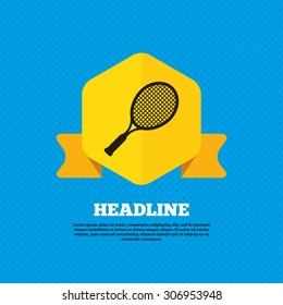 Tennis racket sign icon. Sport symbol. Yellow label tag. Circles seamless pattern on back. Vector