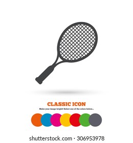 Tennis racket sign icon. Sport symbol. Classic flat icon. Colored circles. Vector