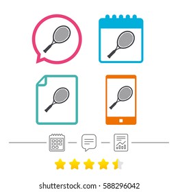 Tennis racket sign icon. Sport symbol. Calendar, chat speech bubble and report linear icons. Star vote ranking. Vector