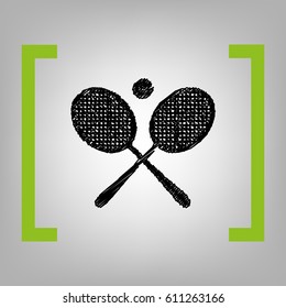 Tennis racket sign. Vector. Black scribble icon in citron brackets on grayish background.