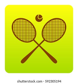 Tennis racket sign. Vector. Brown icon at green-yellow gradient square with rounded corners on white background. Isolated.