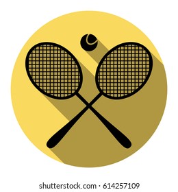 Tennis racket sign. Vector. Flat black icon with flat shadow on royal yellow circle with white background. Isolated.