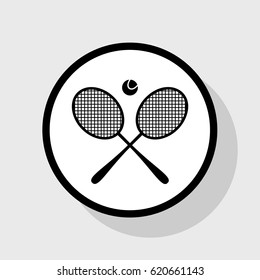 Tennis racket sign. Vector. Flat black icon in white circle with shadow at gray background.