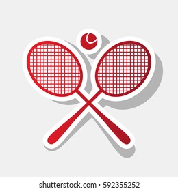 Tennis racket sign. Vector. New year reddish icon with outside stroke and gray shadow on light gray background.