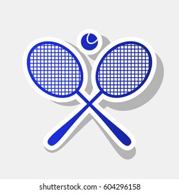 Tennis racket sign. Vector. New year bluish icon with outside stroke and gray shadow on light gray background.