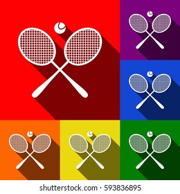 Tennis racket sign. Vector. Set of icons with flat shadows at red, orange, yellow, green, blue and violet background.