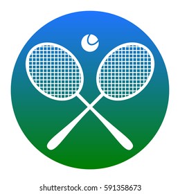 Tennis racket sign. Vector. White icon in bluish circle on white background. Isolated.