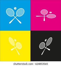 Tennis racket sign. Vector. White icon with isometric projections on cyan, magenta, yellow and black backgrounds.