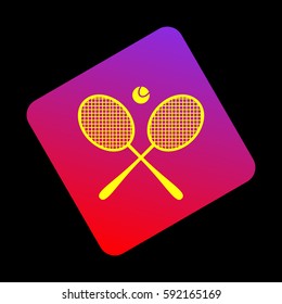 Tennis racket sign. Vector. Yellow icon at violet-red gradient square with rounded corners rotated for dynamics on black background.