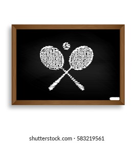 Tennis racket sign. White chalk icon on black school board with 