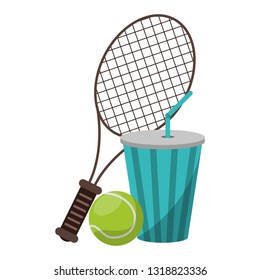 tennis racket soda cup and ball
