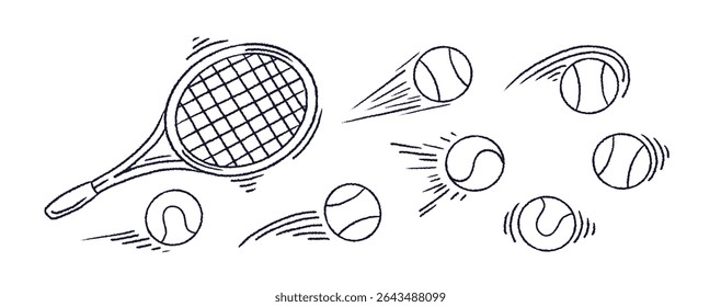 Tennis racket. Sport ball trajectory of bounce. Kick speed. Abstract flying play. Vector icon line sign, crayon elements. Sketch doodle illustration, emblem set