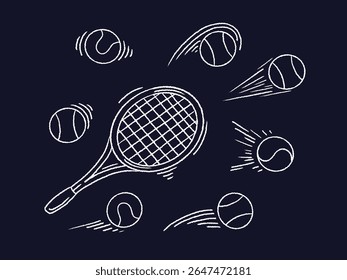Tennis racket. Sport ball trajectory of bounce. Kick speed. Abstract flying play. Vector icon line sign, crayon elements. Sketch doodle illustration, emblem set isolated on black backdrop