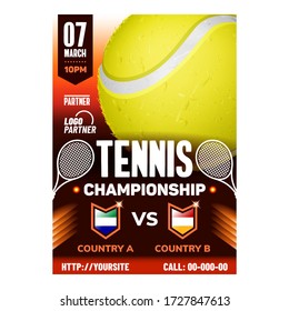 Tennis Racket Sport Championship Banner Vector. International Tennis Federation, Gaming Yellow Ball On Promotion Poster. Active Recreational Sportive Game Colored Concept Mockup Illustration