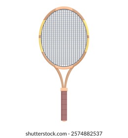 Tennis racket standing up on white background, representing sport equipment for playing tennis