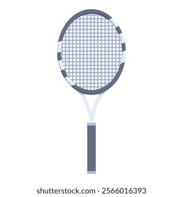 Tennis racket standing up, showing the strings and handle, isolated on a white background