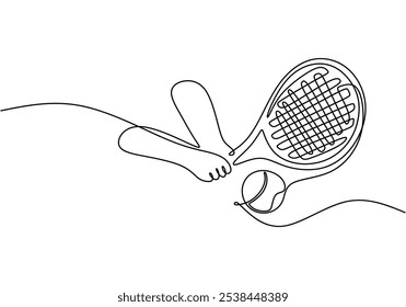 Tennis racket swinging and hitting the ball depicted in continuous one line drawing. Sport activity concept emphasizing skill and precision.