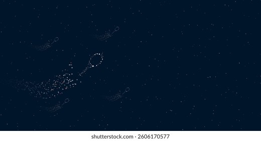 A tennis racket symbol filled with dots flies through the stars leaving a trail behind. There are four small symbols around. Vector illustration on dark blue background with stars
